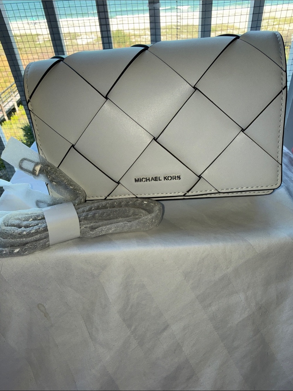 NWT - MICHAEL KORS Woven Leather Crossbody Bag in optic white & silver chain.